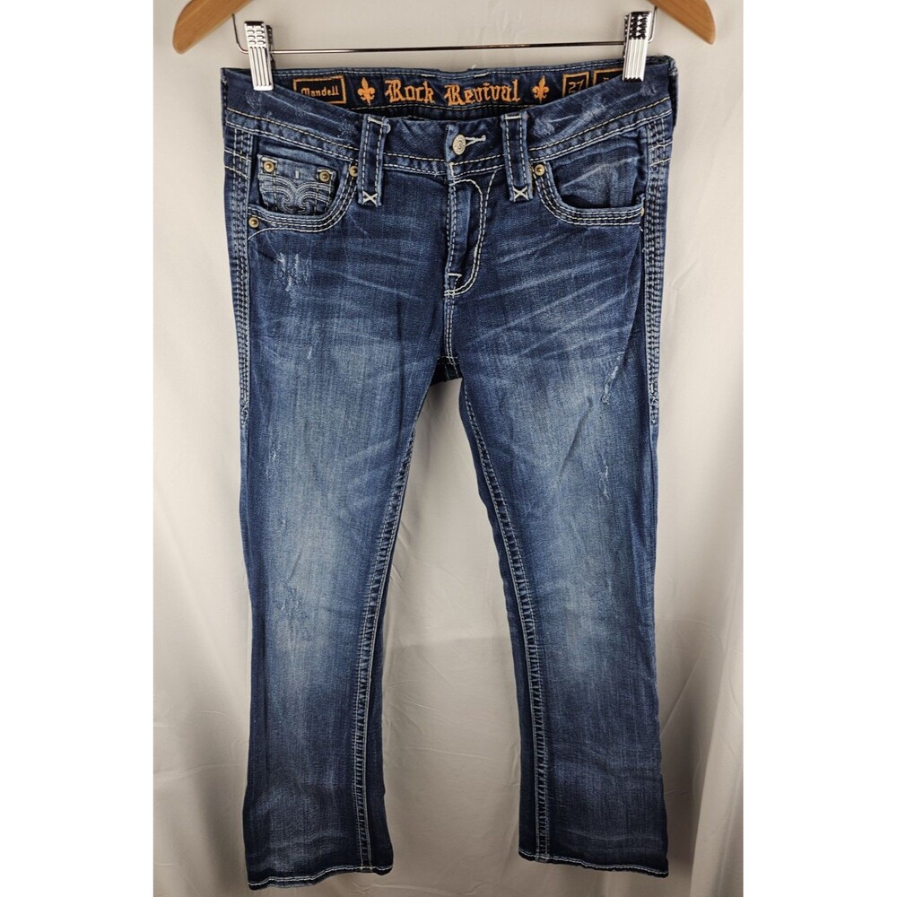 Rock Revival Jeans Womens Size 27 Mandell Easy Boot Cut Distressed Blue Denim